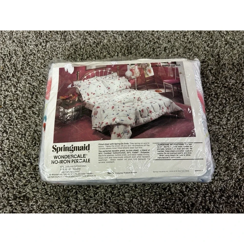 Vintage Twin 80's Abstract Floral Springmaid  No Iron Sheet Set Cotton Polyester